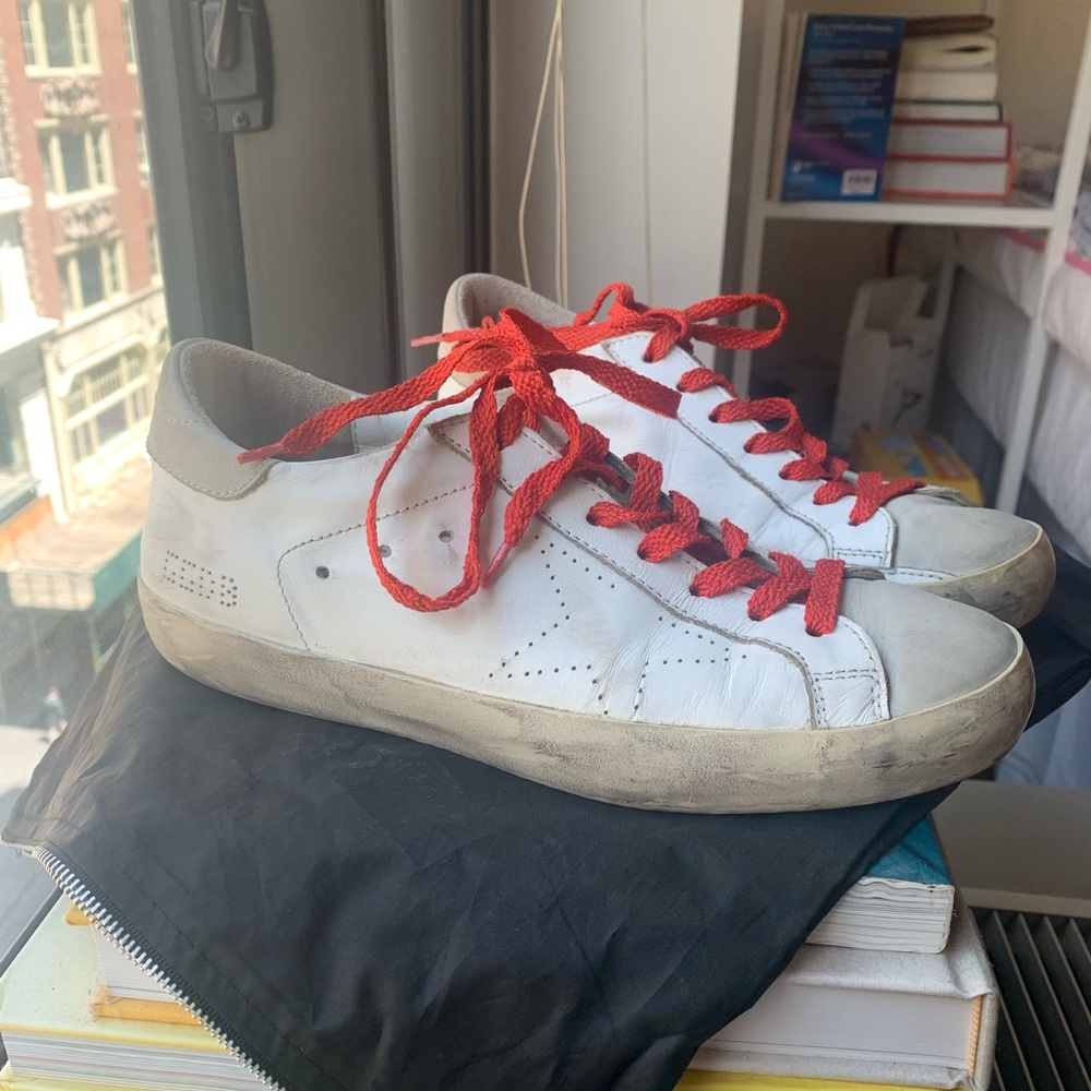 Golden Goose White Leather Superstars w/ Red Laces